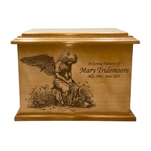 Grieving Angel Cremation Urn with Personalization, Adult Size Wooden Engraved Cremation Urn For Human Ashes