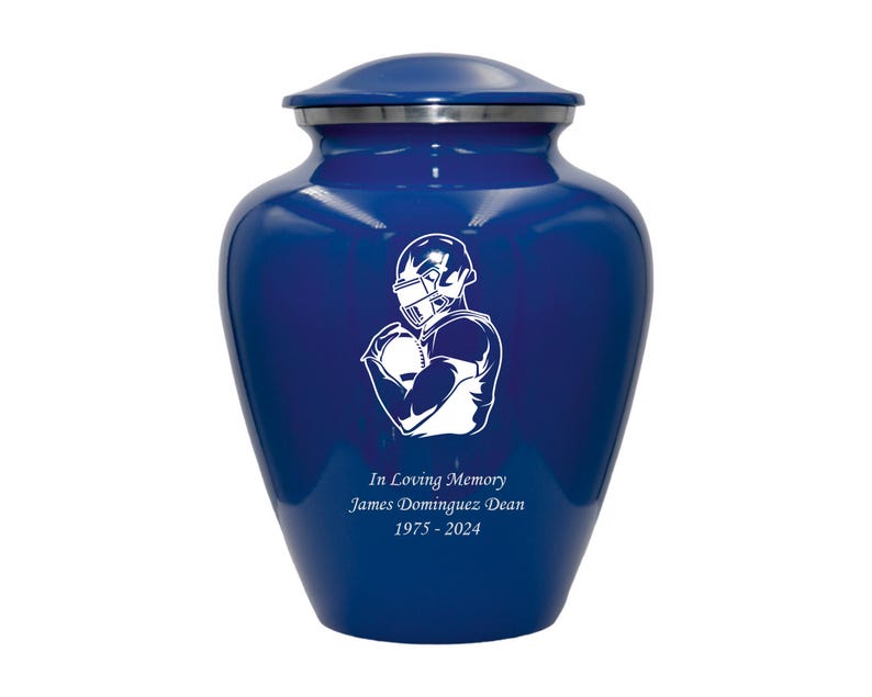 Football Urn, Football Lover's Cremation Urn, Customized Human Adult Funeral Urn For Sports Lovers, Personalization on Multiple Colors Blue Style 1