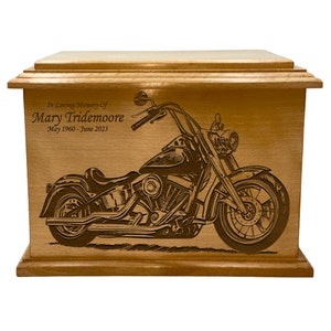 Motorcycle Cremation Urn with Personalization, Adult Size Motorcycle Lover&#39;s Wooden Engraved Cremation Urn For Human Ashes