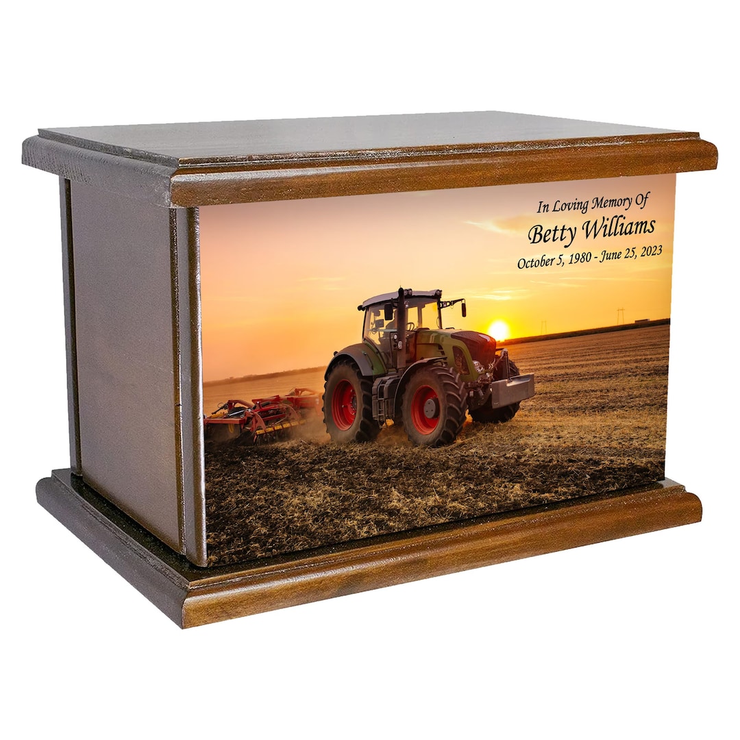 Farm Tractor and Sunset Cremation Urn, Personalized Wooden Farmer's