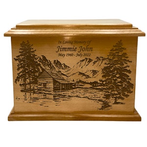 Valley Cabin Cremation Urn, Adult Size Wooden Cabin and Water Funeral Urn, Nature Lovers' Wooden Urn with Engraving