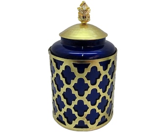 Beautiful Royal Blue Glass and Metal Cremation Urn, Memorial Human Urn with Velvet Bag