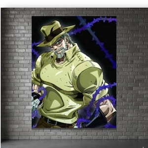 May include: A poster featuring a muscular man in a tan shirt and hat, with a gray beard and mustache. The artwork has a comic book style, with purple thorny vines and a black background. The poster is displayed on a gray brick wall.