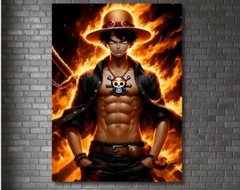 Póster metálico de Portgas D. Ace de One Piece, decoración de pared de anime Fire Fist, manga japonés