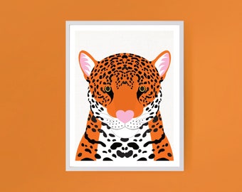 impressão de arte de onça - arte vibrante para berçário, impressão de safári, animais da selva para quartos de crianças, decoração de berçário na selva da América do Sul, grandes felinos leopardo