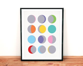moon phase wall decor, moon wall art, modern graphic print, abstract art, colourful circles, space themed nursery, bedroom decor teens art