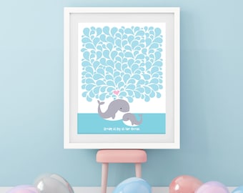 póster del libro de visitas del baby shower - madre y bebé ballena - arte de guardería náutica, regalo de la nueva madre, impresión personalizada, obras de arte personalizadas para niños