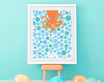 octopus baby shower signature guest book print - new baby keepsake - birthday party idea boy or girl nursery art blue orange sea creature