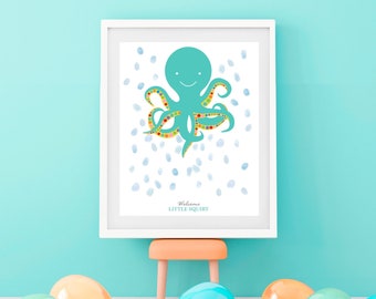 Octopus Fingerprint Guest Book Poster - Baby Shower or Milestone Birthday Keepsake - Unique Nautical Sea Themed Party