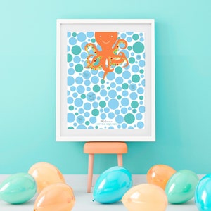 octopus baby shower signature guest book print - new baby keepsake - birthday party idea boy or girl nursery art blue orange sea creature