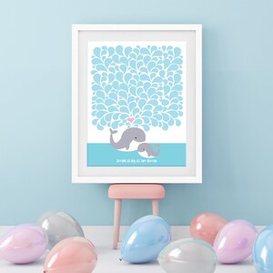 pôster para livro de visitas de chá de bebê - mãe e filhote de baleia - arte náutica para berçário, presente para novas mães, impressão personalizada, arte personalizada para crianças