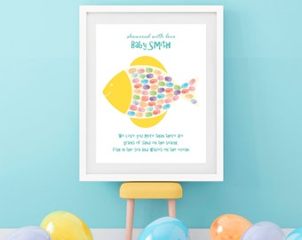 fish fingerprint guest book for baby shower or kids birthday - colourful nursery art, personalised new baby keepsake, baptism guest book art