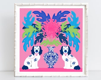 Staffordshire Dogs art print - chinoiserie print, spaniel cavalier dog wall art, bold pink print, floral art, preppy decor, palm beach decor