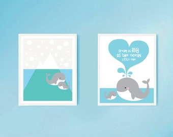 Adorable whale nursery prints - cute mother and baby whale theme for sea themed kids bedroom | playful whale art | whale baby shower gift