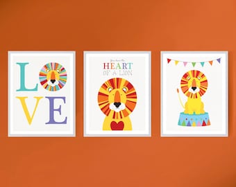 colourful lion prints nursery art - choose from lion heart, LOVE lion & circus lion print great for safari or jungle themed nursery