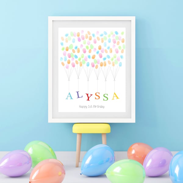 Custom Balloon & Kids Name Birthday Party Guestbook Poster - Naming Ceremony - Fingerprint Guestbook Alternative Interactive Guests Sign-in