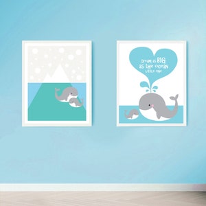 Adorable whale nursery prints - cute mother and baby whale theme for sea themed kids bedroom | playful whale art | whale baby shower gift