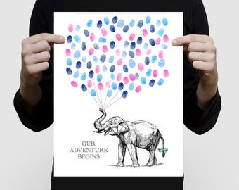 Adorable Vintage Elephant Illustration Baby Shower Guest Book Print | Fingerprint Keepsake | Personalized Nursery Art | Safari Animal Art