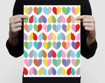 heart art pattern print - colourful wall art for the home or nursery, rainbow colours, bright fun scandi love hearts, art for girls modern