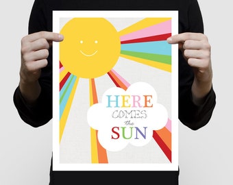 here comes the sun print - nursery poster, nursery art bright, art for children nursery, colourful kids art, gender neutral baby girl or boy