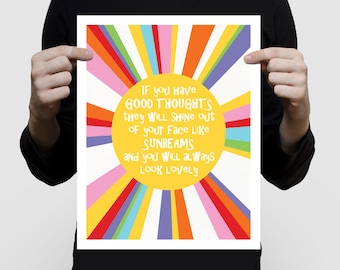 colourful kids art, sunbeams and good thoughts sun print - inspirational quote, nursery art for baby girl or boy, gender neutral, bright fun