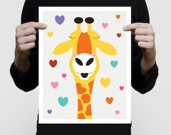 giraffe art giraffe print - kissing giraffe - giraffe illustration, safari nursery, jungle nursery, wild animal art print, giraffe nursery