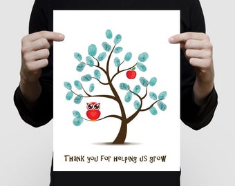 teacher appreciation fingerprint tree printed canvas or paper - personalised teacher thank you, classroom gift for teacher, end of school