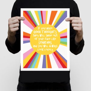 colourful kids art, sunbeams and good thoughts sun print - inspirational quote, nursery art for baby girl or boy, gender neutral, bright fun