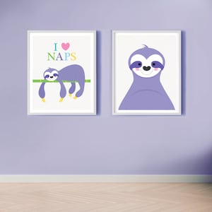 Colourful sloth nursery prints for safari or jungle theme | animal illustration for boys and girls | adorable animal artwork for kids room
