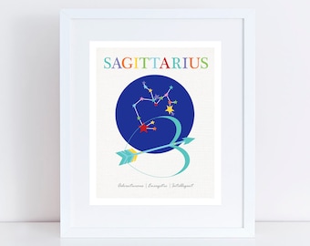 zodiac art nursery print - sagittarius star sign, constellation baby starsign stars space, horoscope art kids room, personalised birth stats