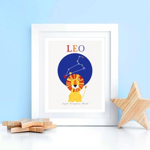 zodiac art nursery print leo lion star sign, constellation baby starsign stars space, horoscope art kids room, personalised birth stats image 5