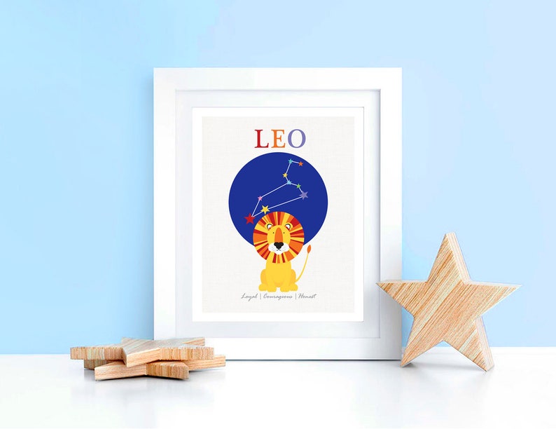 zodiac art nursery print leo lion star sign, constellation baby starsign stars space, horoscope art kids room, personalised birth stats image 5