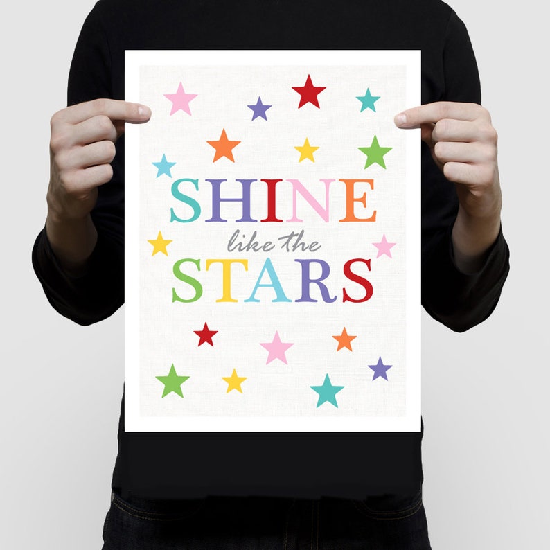 shine like the stars poster baby girl, baby boy, nursery artwork print, kids room decor, space theme, colourful art, inspirational quote image 3