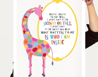 mirror and pink giraffe printed art, inspirational quote body image, wall art girls room, animal illustration bedroom decor, rainbow bright