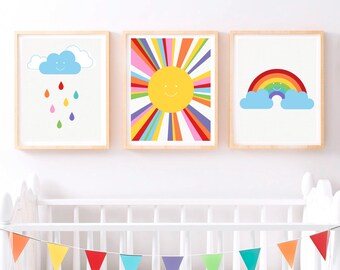Sun Rain Rainbow Nursery Print Set | Baby Shower Gift | Colourful Kids Wall Art | Weather Nursery Decor | Gender Neutral Nursery