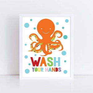 kids bathroom art set sea themed prints colourful kids decor, childrens art wash your hands flush brush splash, shark octopus fish whale image 2