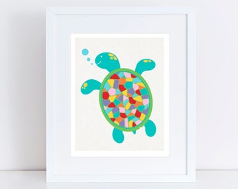 turtle art print, colourful sea themed kids nursery art, childrens art baby girl or boy gender neutral wall art ocean animal, rainbow bright