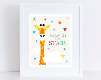 giraffe print reach for the stars - nursery art wild animal safari african jungle illustration gender neutral baby girl boy - rainbow bright