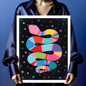 Cosmic rainbow serpent snake print – Colourful snake wall art  for vibrant year of the snake 2025 decor