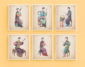 Vintage Chinese Musician Wall Art Prints, Chinoiserie Gallery Wall Decor, Eclectic Maximalist Art Set, Asian Inspired Home Decor