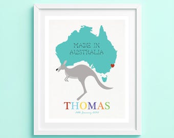 Personalised Kangaroo Birth Print – Made in Australia Nursery Wall Art