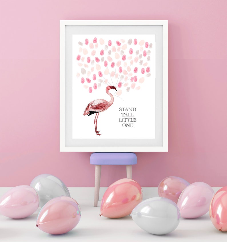 Flamingo Baby Shower Guestbook Print on display at a party