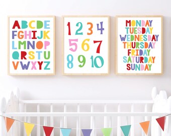 colourful nursery art print set educational - alphabet print ABC poster, colours print, number wall art, days of the week, fun play room art