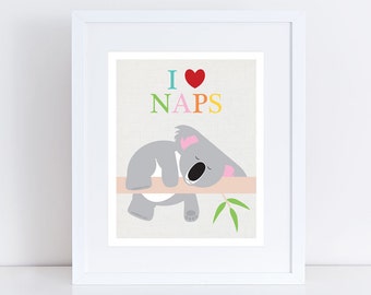 sleeping koala print - I love naps Australian animals nursery art, aussie nursery print, colourful childrens art, kids art, lazy animal art
