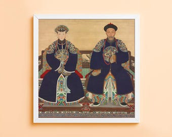 Vintage Chinese Ancestor Couple Wall Art Print, Chinoiserie Decor Gift, Qing Dynasty Portrait Artwork, Maximalist Home Decor