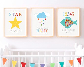 Nursery rhyme kids wall art print set of 3 or individual gender neutral art for baby room decor | Twinkle Star, Skies are Grey & 12345 Fish