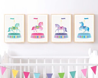Carousel Horse Print Set or Individual Pastel Nursery Wall Art Kids Room Décor that can be Personalised