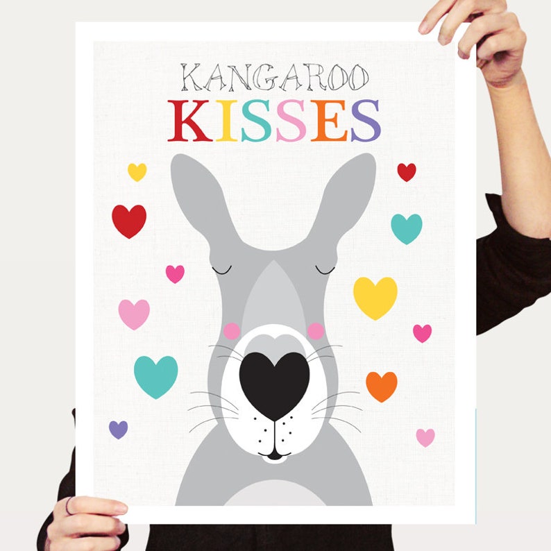 kangaroo kisses nursery art print australian animals colourful children kids baby girl or boy hearts love australia rainbow bright aussie 16x20 inches