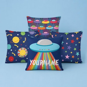 UFO & Space Cushion Covers – Personalised Kids Space Decor Gift, Rainbow Alien Pillows, Space Themed Kids Room Cushions