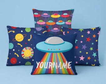UFO & Space Cushion Covers – Personalised Kids Space Decor Gift, Rainbow Alien Pillows, Space Themed Kids Room Cushions